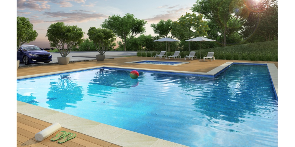 Perspectiva artística das piscinas adulto e infantil