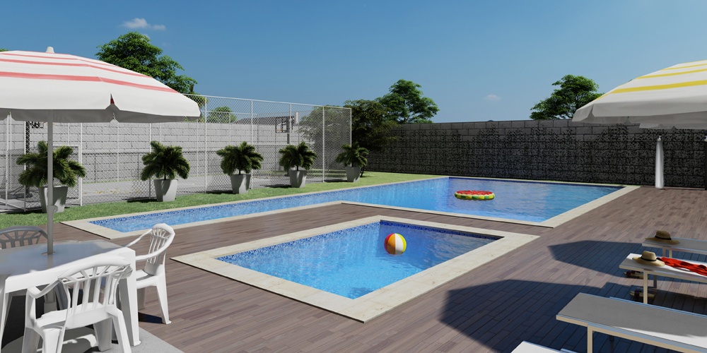 Perspectiva artística das piscinas adulto e infantil.