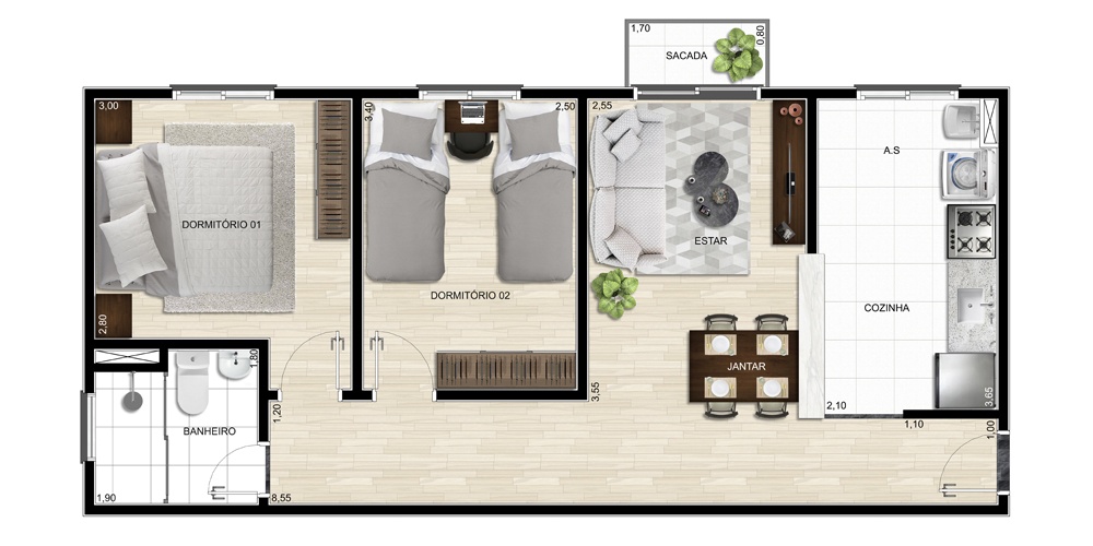 Ilustração artística do apartamento Tipo A.