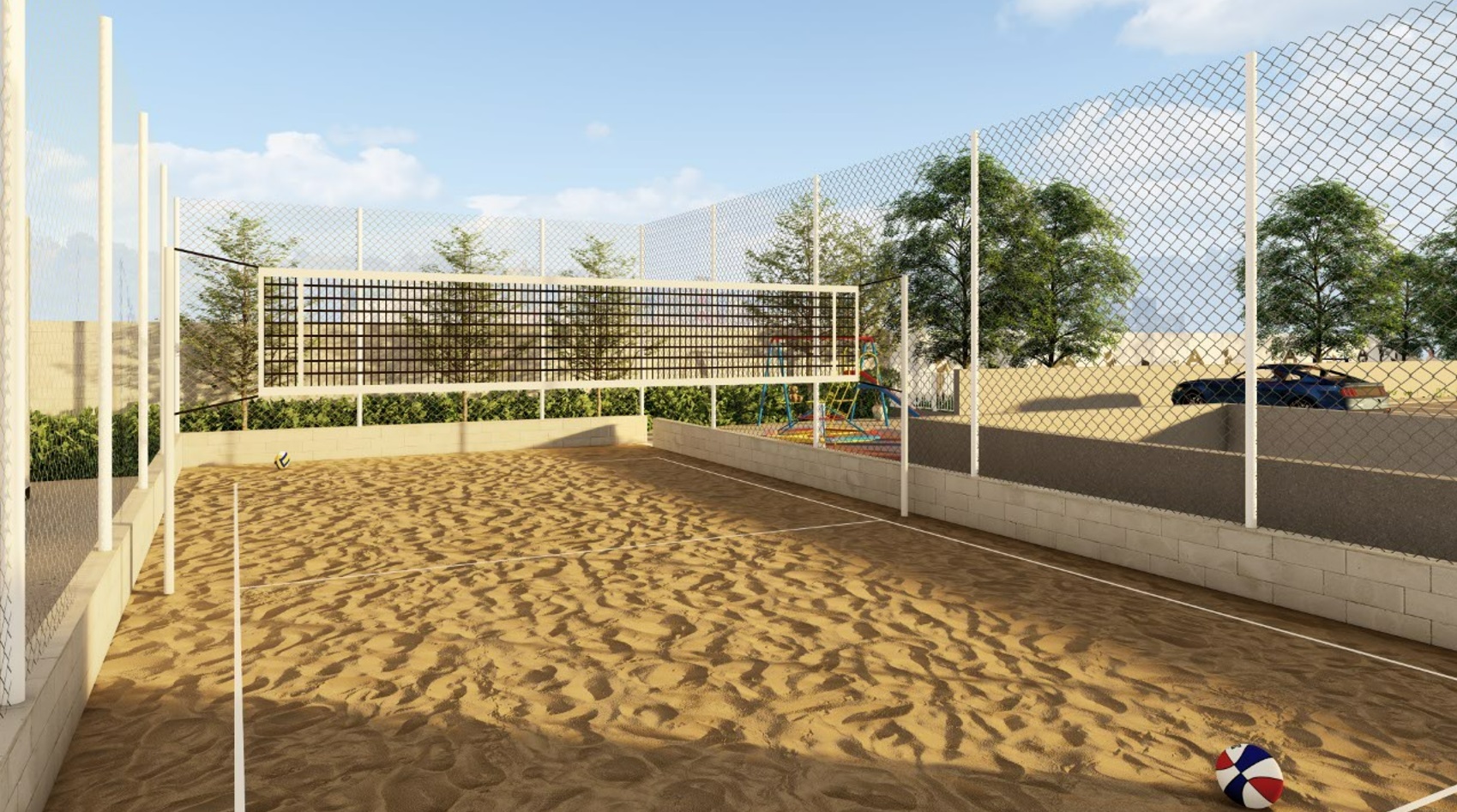 Perspectiva artística da quadra de beach tennis